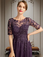 A-line Scoop Illusion Asymmetrical Chiffon Lace Mother of the Bride Dress With Sequins