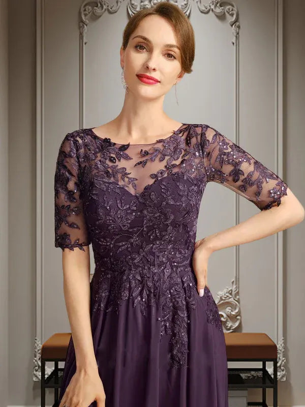 Robe de mère de la mariée asymétrique en mousseline de soie et dentelle, coupe trapèze, décolleté en V, illusion, avec paillettes 