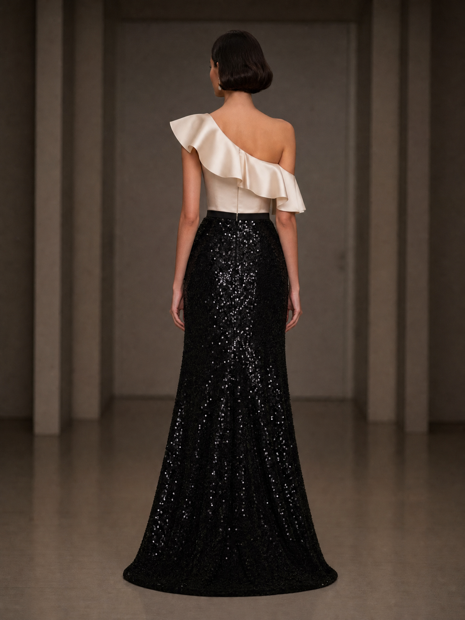 Satin and Sequin Sheath One Shoulder Floor-Length Evening Dresses with Ruffles