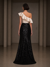 Satin and Sequin Sheath One Shoulder Floor-Length Evening Dresses with Ruffles