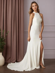White Sheath Bow Stretch Crepe Wedding Dress