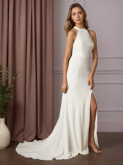 White Sheath Bow Stretch Crepe Wedding Dress