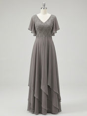 A-line V-Neck Ankle-Length Lace Chiffon Mother of the Bride Dress With Cascading Ruffles