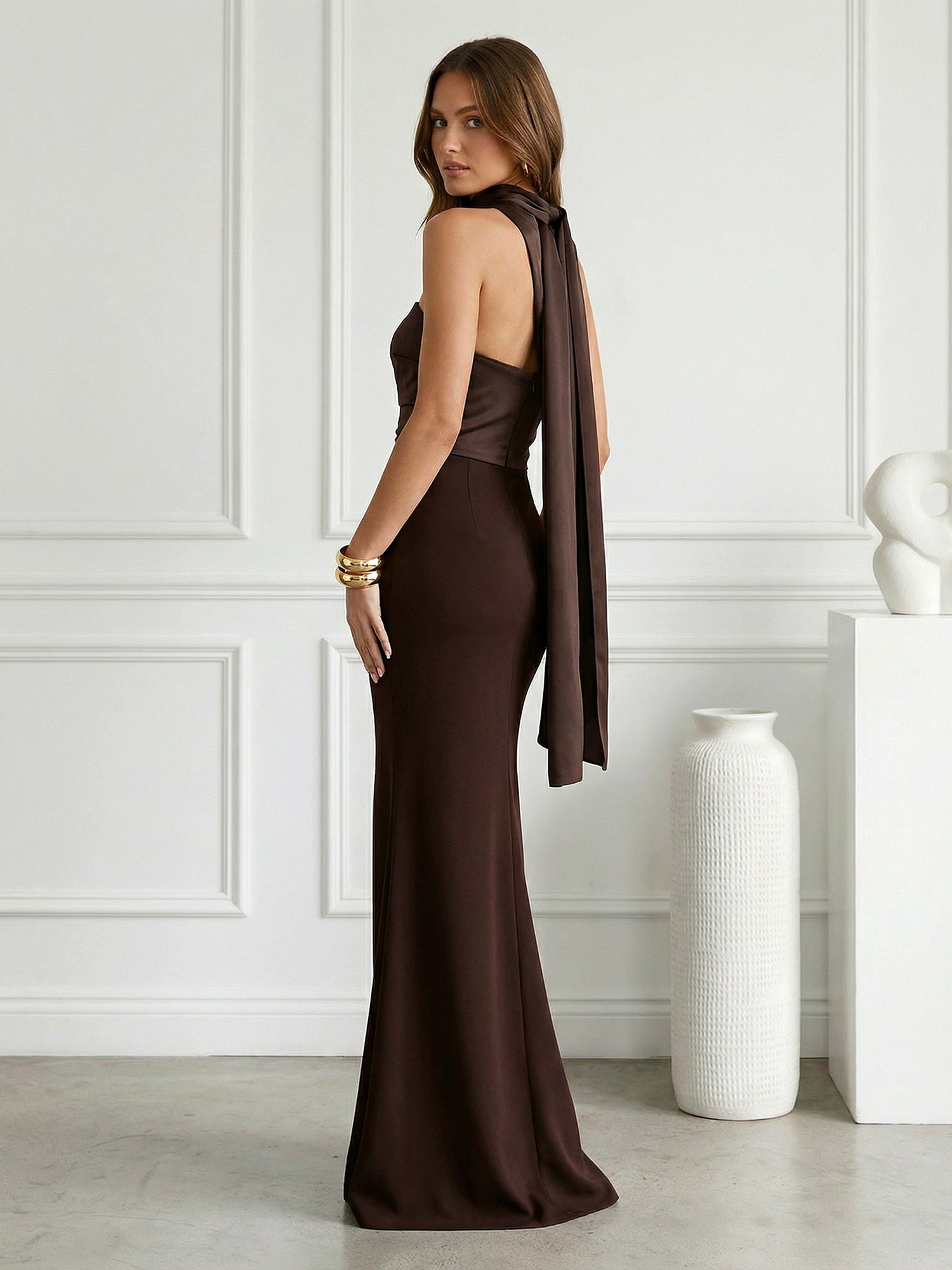 Brown Strapless Satin Mermaid Maxi Dress with Bow