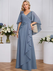A-line V-Neck Floor-Length Lace Chiffon Mother of the Bride Dress With 3D Floral Sequins Cascading Ruffles