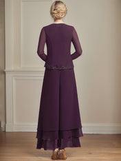 Separates Jumpsuit/Pantsuit Square Ankle-Length Lace Chiffon Mother of the Bride Dress With Sequins