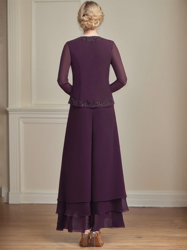 Robe de mère de la mariée en mousseline de soie, longueur cheville, avec sequins, combinaison/tailleur carré 