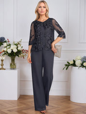 Pantsuits Separates V-Neck Floor-Length Lace Chiffon Mother of the Bride Dress