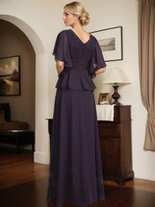 A-line V-Neck Floor-Length Chiffon Mother of the Bride Dress With Pleated Beading