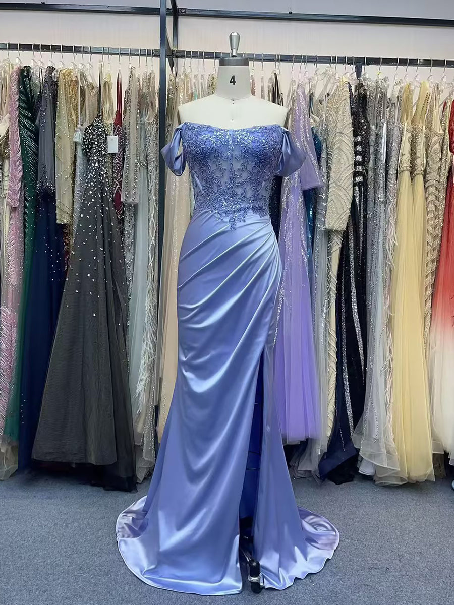Lilac Off-Shoulder Lace Applique Satin Long Prom Dress with Slit