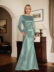 Satin Sheath Long Sleeves Mother of the Bride Dress with Side Waist