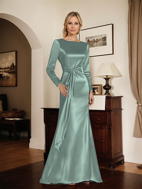 Satin Sheath Long Sleeves Mother of the Bride Dress with Side Waist
