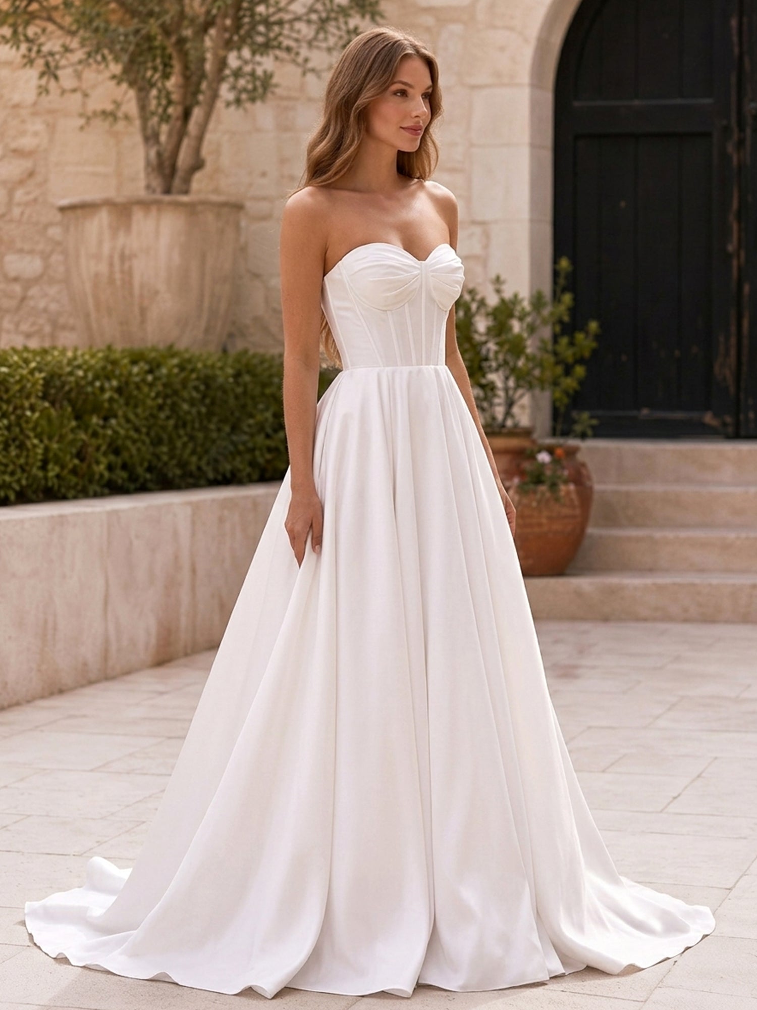 Elegant Strapless A-Line Wedding Dress with Draped Bow Bodice & High Slit