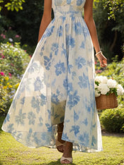Light Blue Chiffon Floral V Neck Sleeveless A-Line Maxi Dress