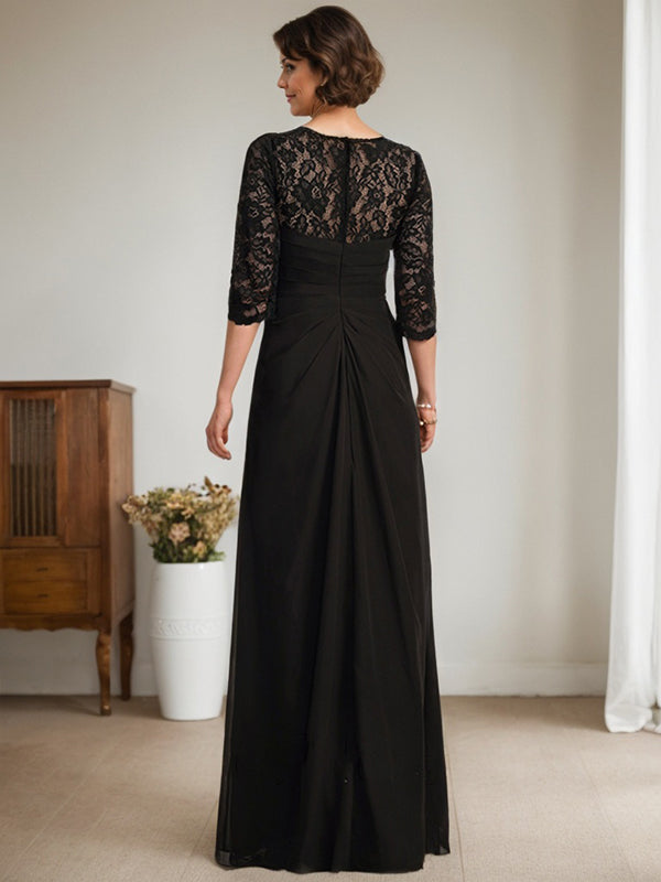 Robe de mère de la mariée trapèze en mousseline de soie et dentelle, longueur au sol, avec décolleté en V et volants perlés 