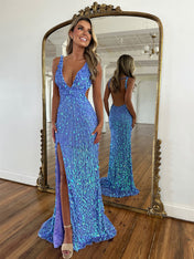 Mermaid V-Neck Backless Long Tight Sequin Prom Dress
