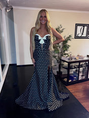 Black and White Polka Dot Bow Strapless Prom Dress with High Slit