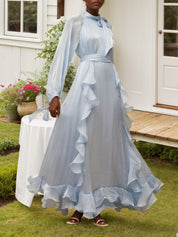 Blue Glossy Pleated Maxi Dress
