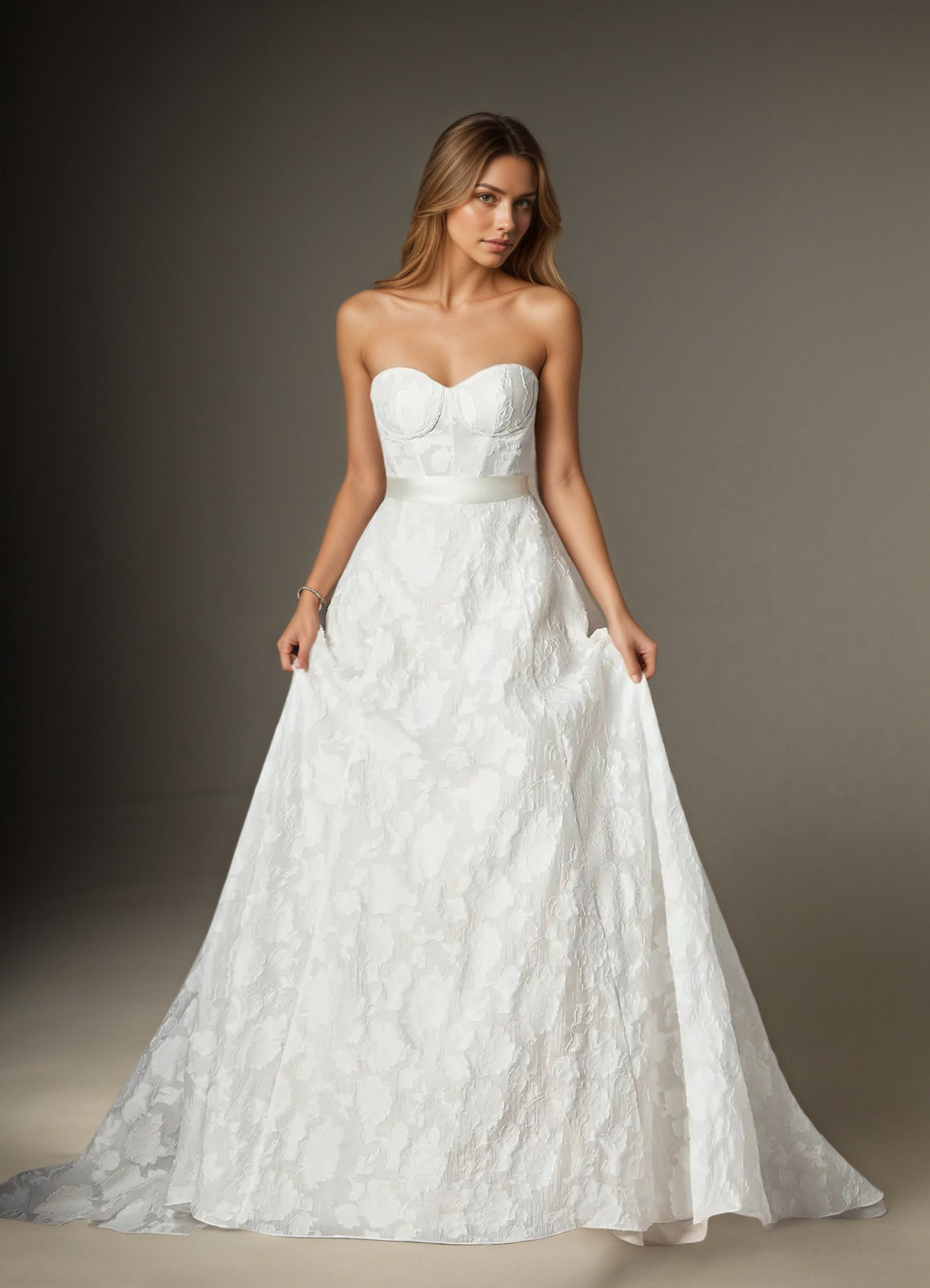 White A Line Strapless Floral Burnout Jacquard Wedding Dress