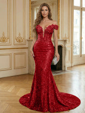 Sparkly Off The Shoulder Sequin Long Mermaid Corset Prom Dresses