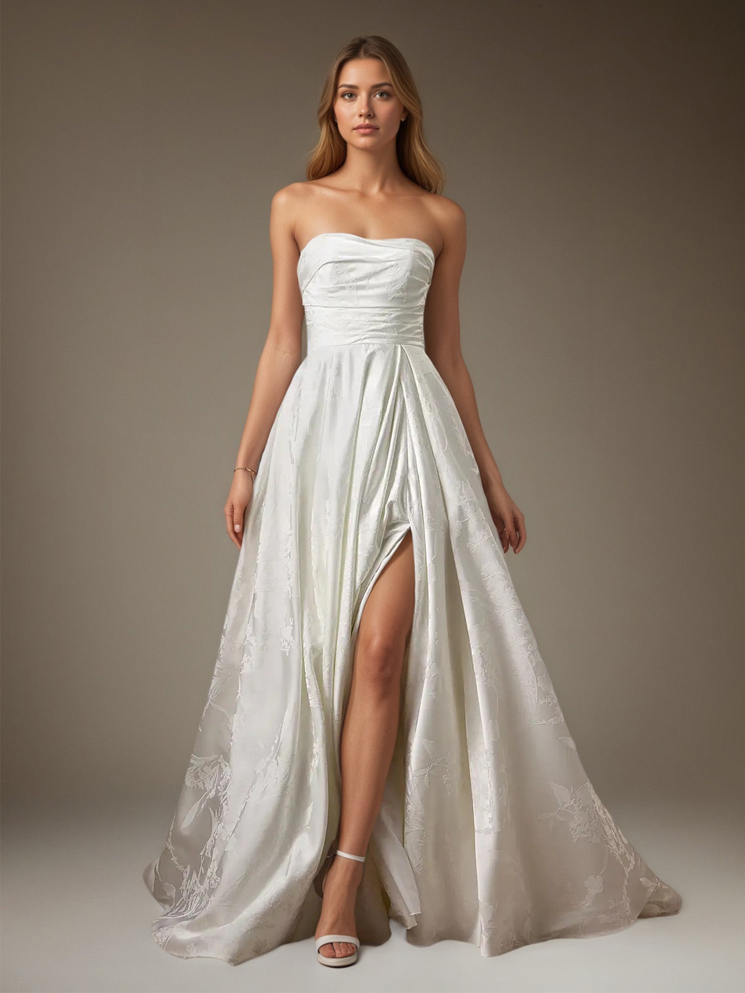White A-Line Strapless Floral Jacquard Wedding Dress