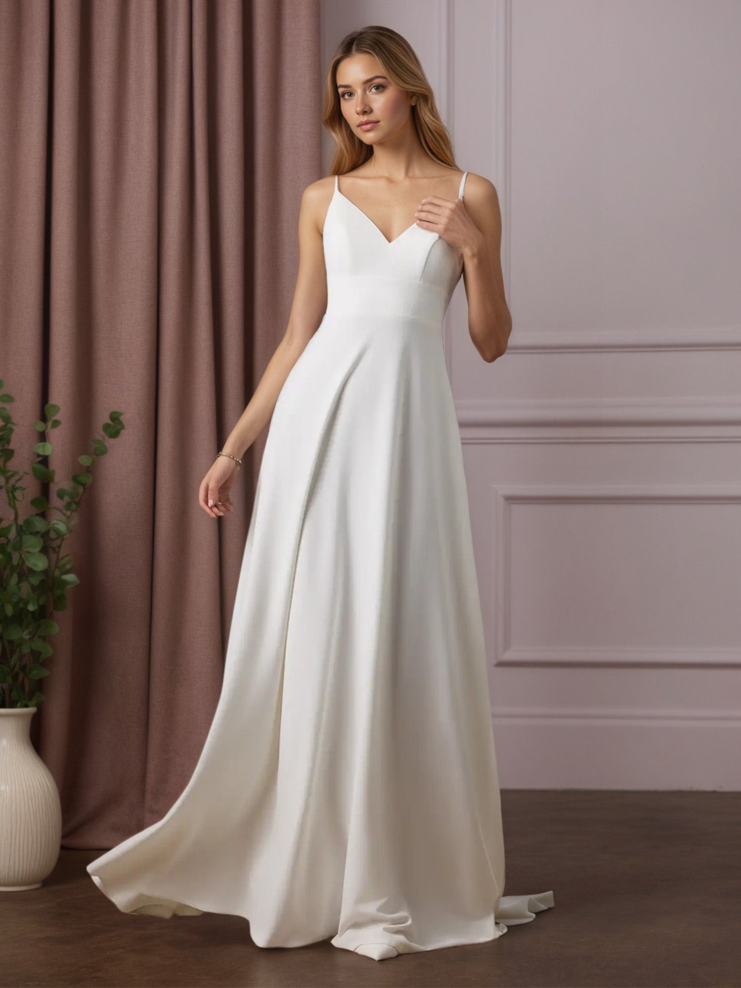 White A-Line V-Neck Sequins Stretch Crepe Wedding Dress
