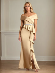 Trumpet/Mermaid Off the Shoulder Floor Length Satin Mother Of the Bride Dress With Ruffles