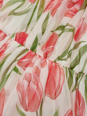 Pink Pleated Floral Chiffon Halter Sleeveless A-Line Mock Neck Maxi Dress