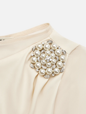 White Imitation Pearls Satin Boat Neck Cap Sleeve Sheath Midi Dress