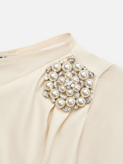 White Imitation Pearls Satin Boat Neck Cap Sleeve Sheath Midi Dress