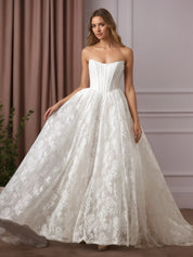 White Ball-Gown Strapless Sleeveless Lace Wedding Dress