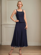 Separates A-line Scoop Tea-Length Chiffon Mother of the Bride Dress With Sequins Beading