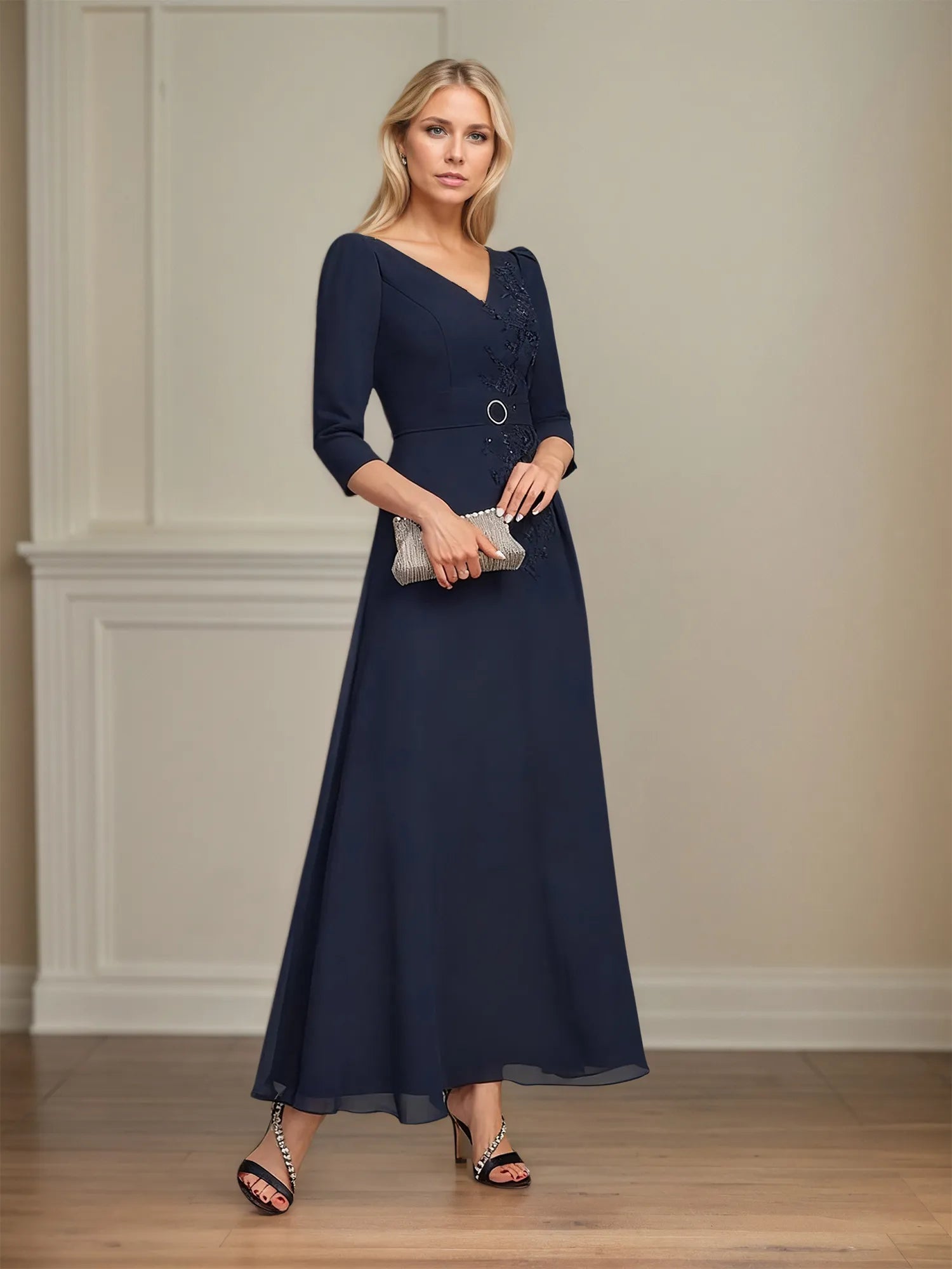 A-line V-Neck Ankle-Length Lace Chiffon Mother of the Bride Dress With Pleated Sequins