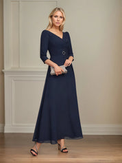 A-line V-Neck Ankle-Length Lace Chiffon Mother of the Bride Dress With Pleated Sequins
