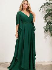 A-line V-Neck Floor-Length Chiffon Mother of the Bride Dress With Sequins Appliques Lace Beading