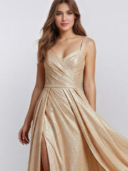 Champagen A Line V Neck Long Formal Eveing Dress with Slit