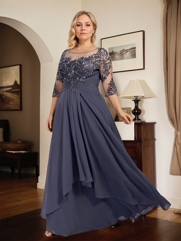Robe de mère de la mariée trapèze en mousseline de soie et dentelle, longueur au sol, avec volants en cascade 