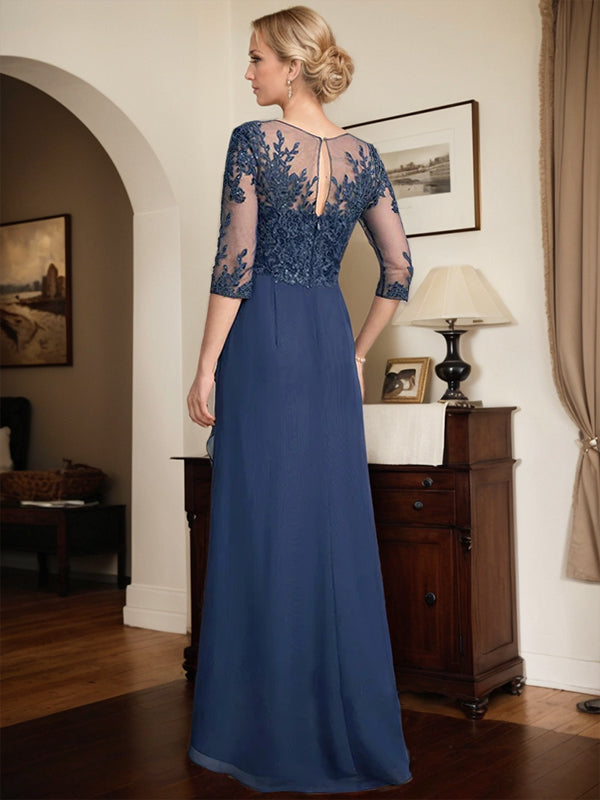 A-line Scoop Illusion Asymmetrical Lace Chiffon Mother of the Bride Dress With Sequins Cascading Ruffles
