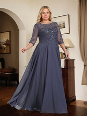 A-line Scoop Illusion Floor-Length Chiffon Lace Mother of the Bride Dress With Pleated Sequins