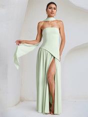 Elegant Mint Green Strapless Pleated Maxi Dress With Slit