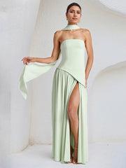 Elegant Mint Green Strapless Pleated Maxi Dress With Slit