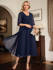 A-line Square Tea-Length Chiffon Mother of the Bride Dress