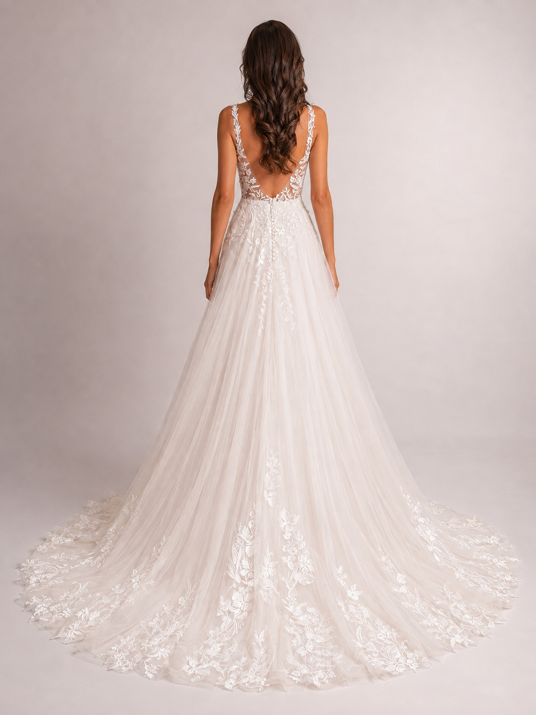 Elegant V-Neck Lace Applique A-Line Wedding Dress with High Slit and Chapel Train