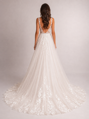 Elegant V-Neck Lace Applique A-Line Wedding Dress with High Slit and Chapel Train