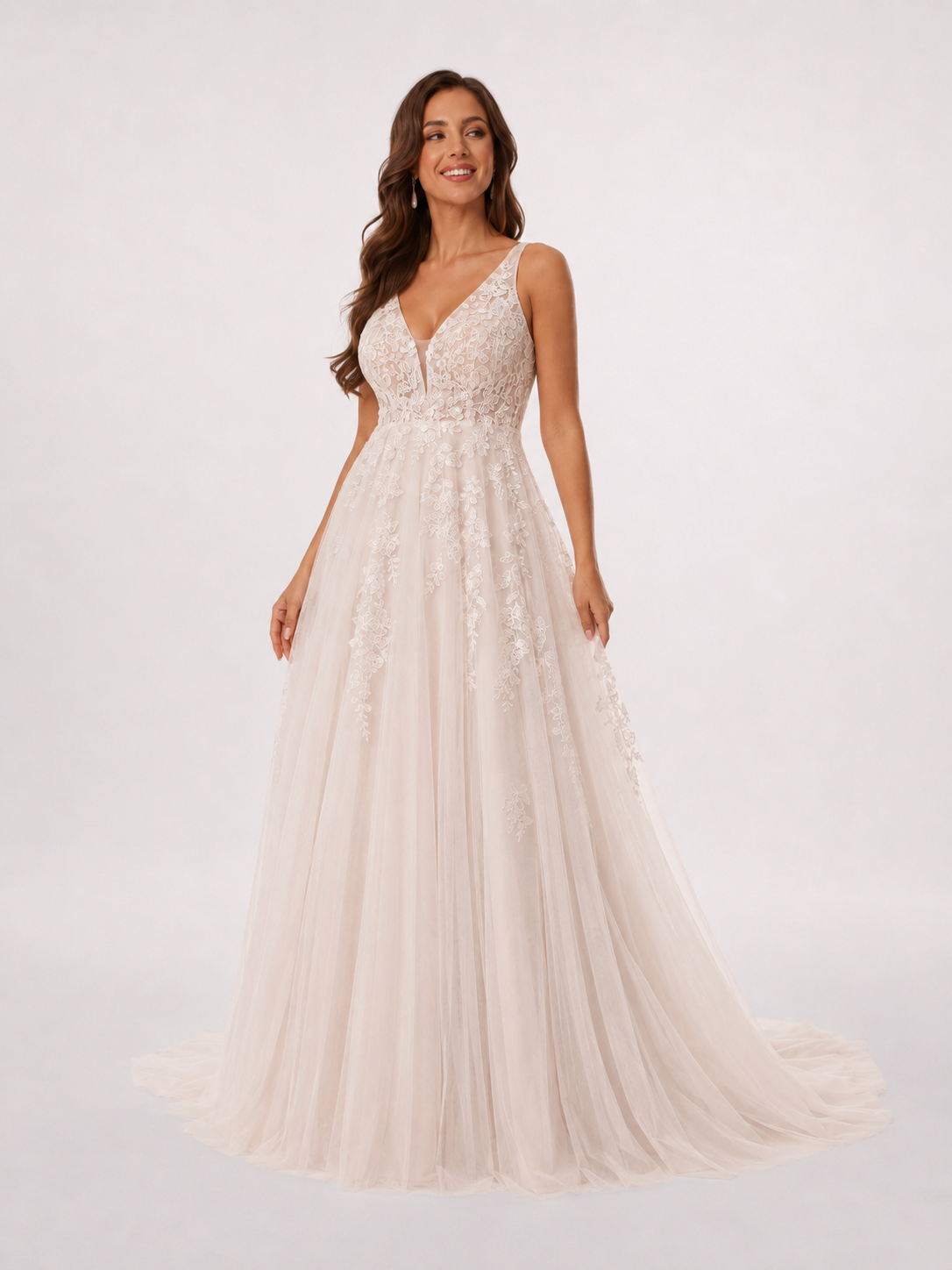 Elegant V-Neck Lace Applique Tulle A-Line Wedding Dress with Chapel Train