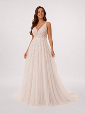 Elegant V-Neck Lace Applique Tulle A-Line Wedding Dress with Chapel Train