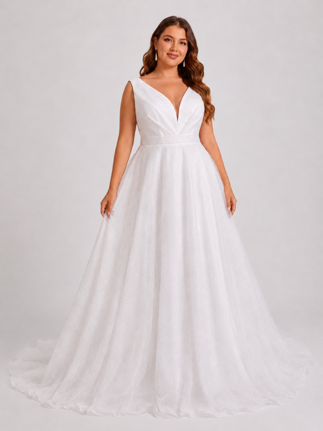 Elegant V-Neck Sparkly Tulle A-Line Wedding Dress with Chapel Train