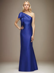 Royal Blue Satin One Shoulder Floor Length Dress With Bow