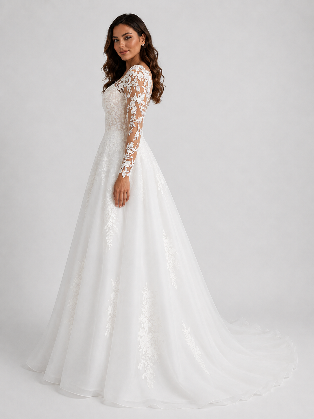Elegant Floral Applique Tulle A-Line Wedding Dress with Sweep Train