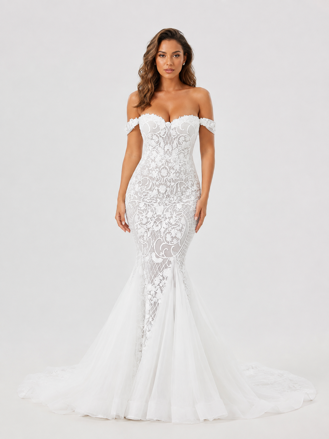 Elegant Off-the-Shoulder Lace Applique Mermaid Wedding Dress with Sweep Train
